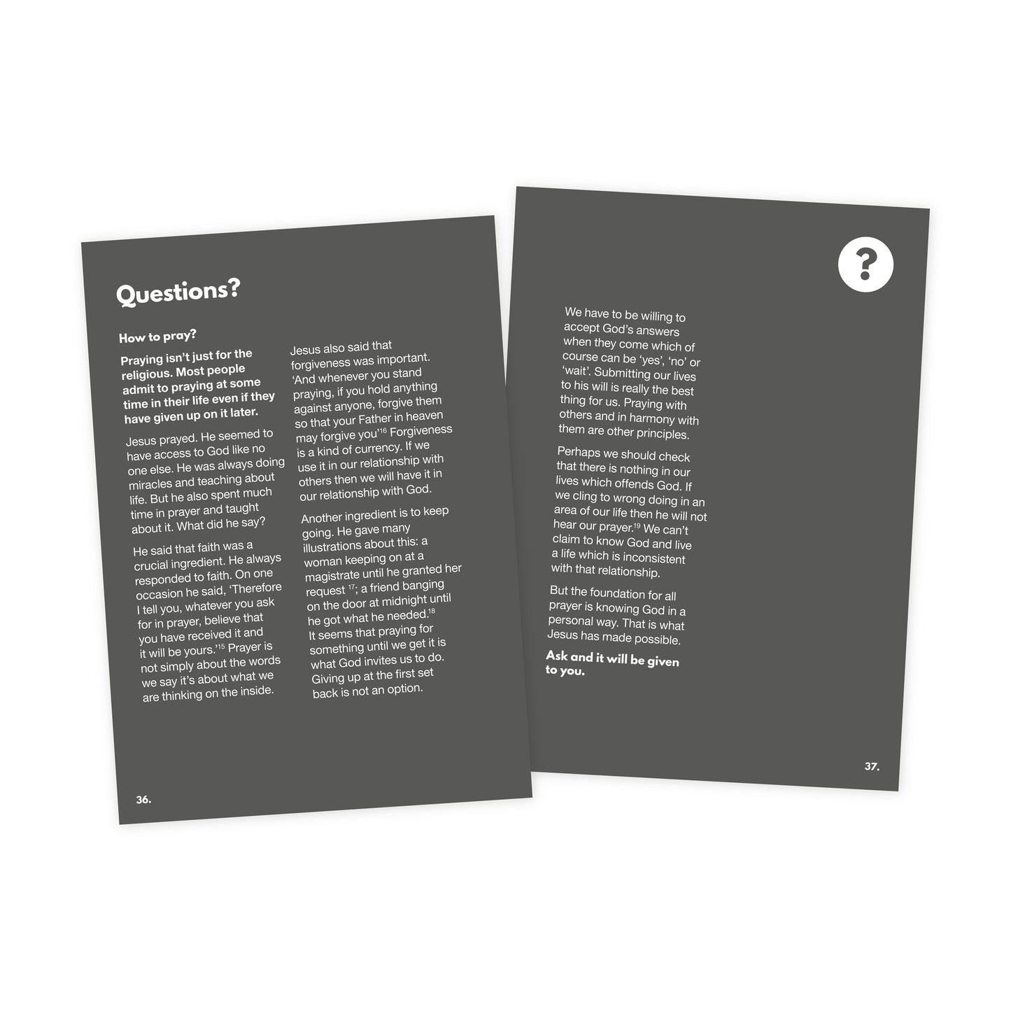 Two pages from trypraying posing answers to common questions about prayer