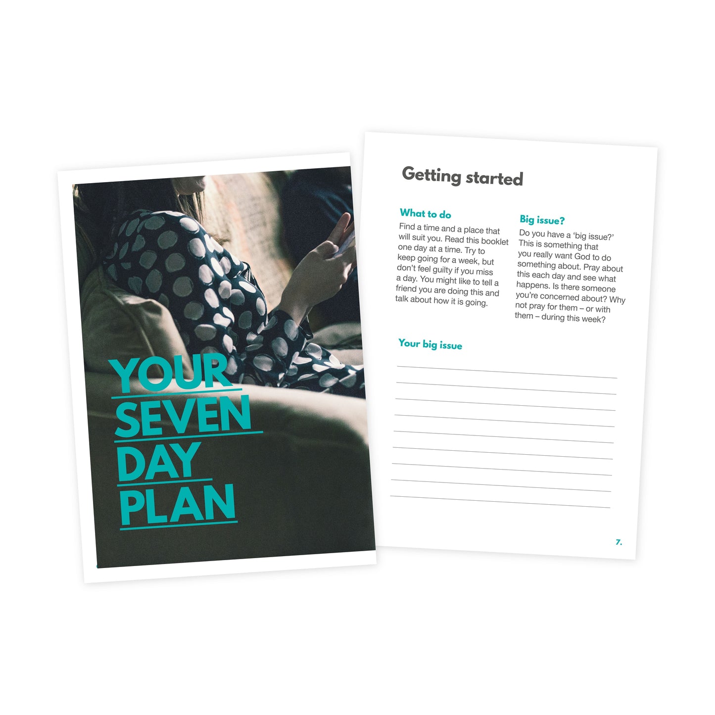 trypraying with text 'Your Seven Day Plan' and a person sitting on a couch.