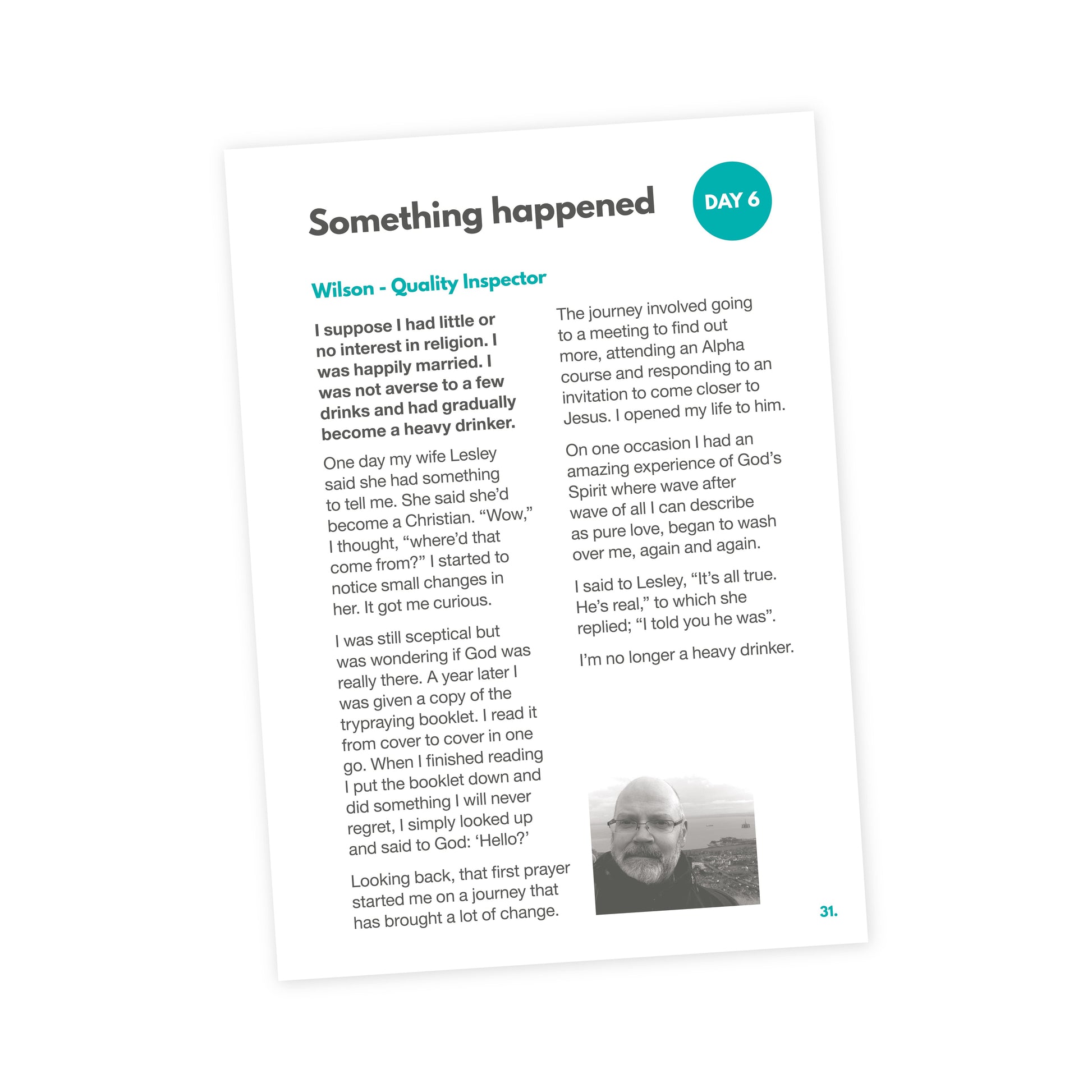 Page from trypraying with text and a photo of a man on a white background