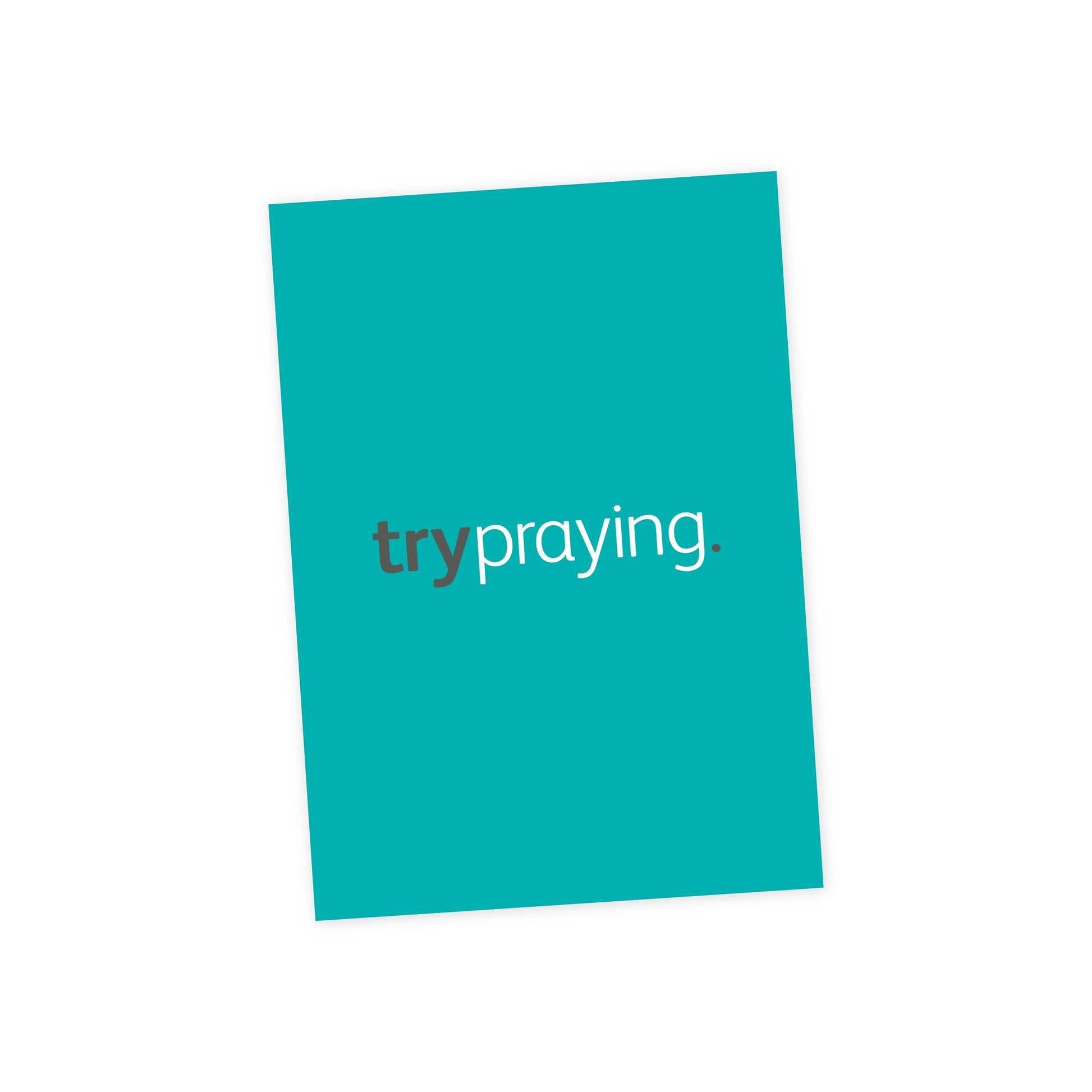 Teal book with 'try praying' text on a white background